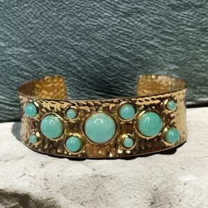 Gold Plated Hammered Seafoam Cabochon Cuff Bracelet